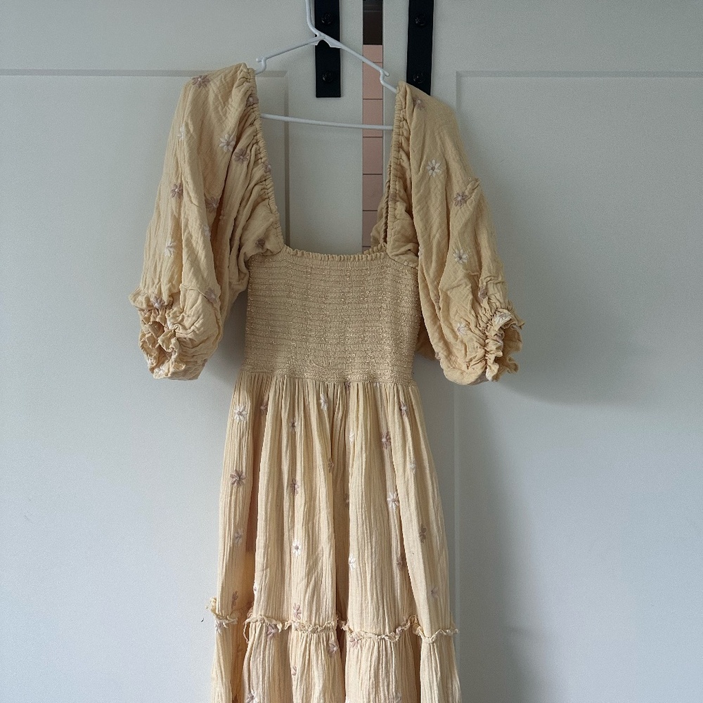 Free People Cream Maxi Dress with Puff Sleeves